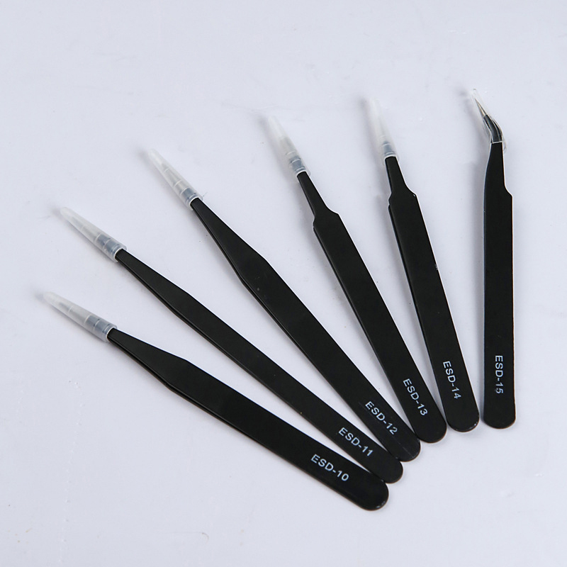 Model Kit Tweezers - 精密ESD帯電防止ピンセットセット - 6個入りステンレス鋼ツール、電子修理およびプロセスモデリング用