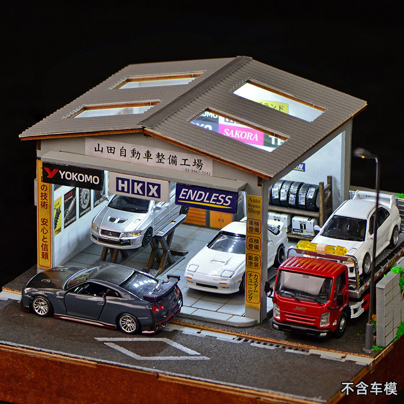 Model Kit Car - 1:64スケールDIY自動車修理工場ジオラマキット（LEDライト付き）、ミニチュアガレージワークショップ（模型車展示用）