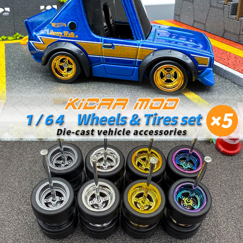 Model Kit Car - 1/64モデル用着脱式ラバースリックタイヤABSホイール Qカー用メインラインダイキャストモデルカー改造パーツ-直径9.6mm（5セット）