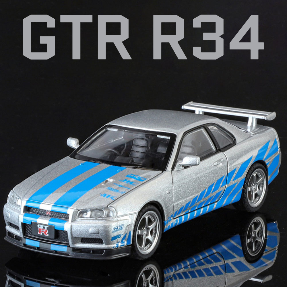 Model Kit R34 - SKYLINE-GTR r34スポーツカーモデルおもちゃ、金属ダイキャスト、プルバック、ライトミュージック、4ドアオープン車両、オーナメントギフト、1:32スケール
