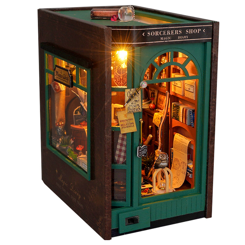 Model Kit Japan Shop - DIY ブックコーナーインサート棚キット木製ミニチュアモデルキット魔術師のショップカーサブックエンド魔法日記本棚家の装飾ギフト